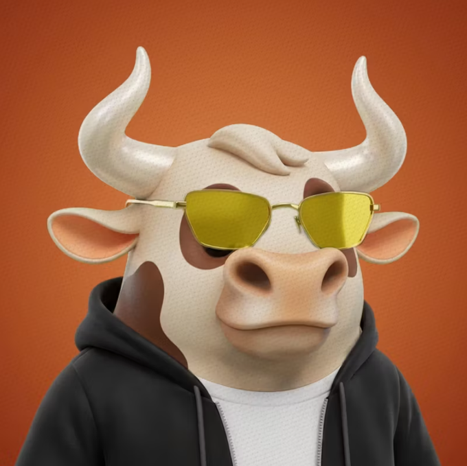 A 3D rendered image of a cow wearing gold-rimmed sunglasses and a black hoodie over a white shirt, set against an orange background.