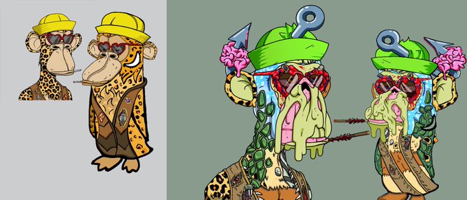 A side-by-side NFT character design showing the evolution from a leopard character in a yellow hat and sunglasses to a mutated version with mushrooms, brain matter, and wounds.