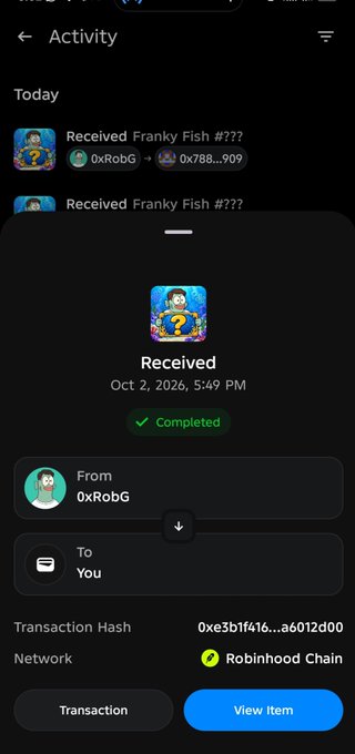 A mobile app activity screen showing two received 'Franky Fish #???' NFT transfers, with the most recent completed on Robinhood Chain from 0xRobG.
