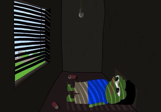 A cartoon illustration of a green, wide-eyed character wearing a blue striped shirt lying on a brown surface in a dark room, with a window showing a green landscape outside and a hanging light bulb above.