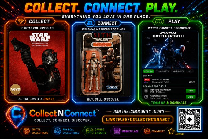 Promotional graphic for 'CollectNConnect' platform featuring Star Wars merchandise including Star Wars: The Mandalorian digital collectibles, Star Wars: The Black Series Ahsoka Tano action figure, and Star Wars Battlefront II gaming features, with the tagline 'COLLECT. CONNECT. PLAY.' and linktr.ee/collectnconnect.