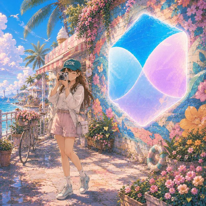 An anime-style illustration shows a young woman wearing a cap reading "OOK," holding a camera, standing beside a vibrant wall adorned with flowers and a glowing blue-and-pink iridescent cube, with a coastal seaside scene in the background.

The glowing cube in the image visually echoes the post's theme of innovative DeFi structures on @TermMaxFi, symbolizing a new, transparent "block" of fixed-yield USDC lending (2.5%) that separates syrupUSDC's variable asset yield from locked-in funding costs.
