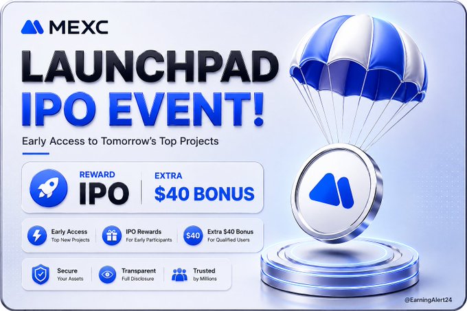 A promotional banner for MEXC's Launchpad IPO Event featuring an MX token descending on a parachute, highlighting a $40 bonus reward for early access to new projects. The graphic emphasizes key benefits including secure asset management, transparency, and trusted participation, aligning with the post's announcement of signup and trading requirements to earn IPO rewards plus the extra bonus.