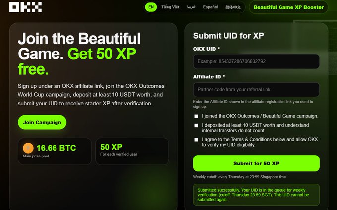 OKX 'Beautiful Game XP Booster' webpage offering 50 XP free for signing up via affiliate link and depositing at least 10 USDT, with a main prize pool of 16.66 BTC, including form fields for OKX UID and Affiliate ID.