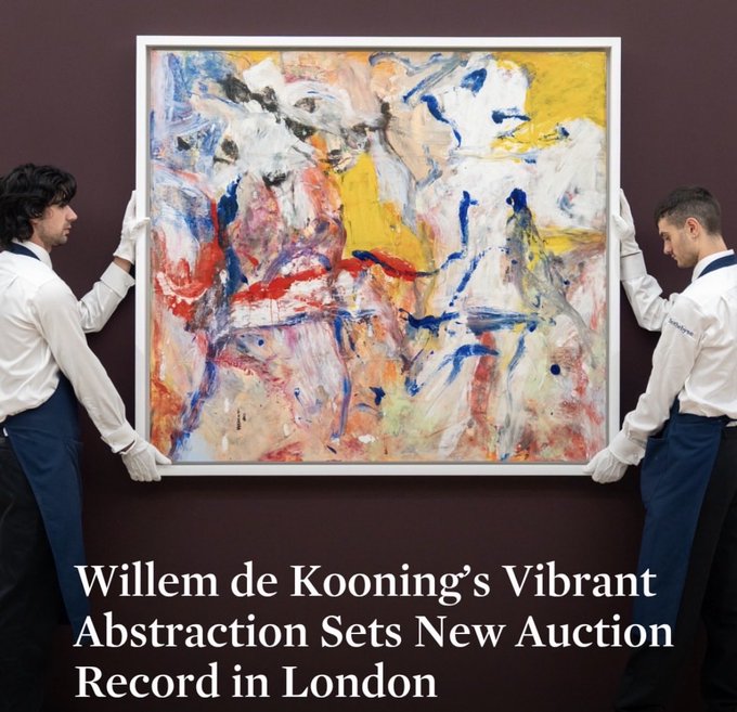 Two gallery workers wearing white gloves hold up a vibrant abstract painting by Willem de Kooning, with text below reading "Willem de Kooning's Vibrant Abstraction Sets New Auction Record in London."