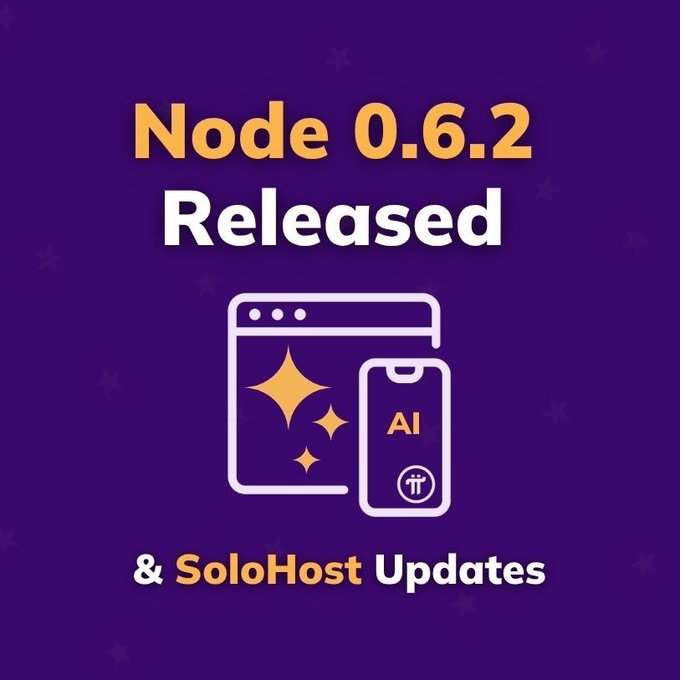 The image is a promotional graphic on a purple background announcing "Node 0.6.2 Released & SoloHost Updates," featuring icons of a browser window with sparkles and a smartphone displaying "AI" and the Pi logo. It visually aligns with the post by highlighting the new Node release alongside SoloHost updates, reflecting Pi Network's expansion of node utility into distributed computing and AI applications.
