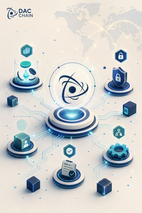 A 3D-rendered infographic for 'DAC CHAIN' showing interconnected nodes with icons representing money, security, identity, and documents over a world map background.