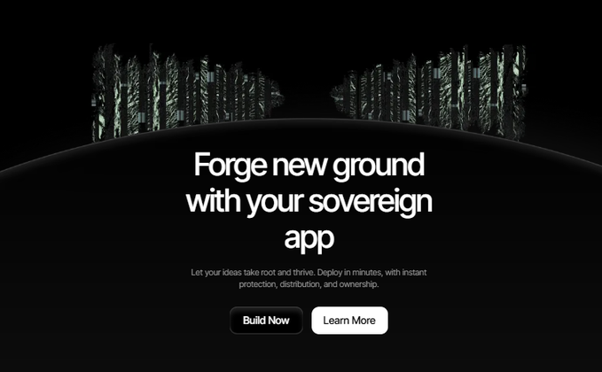 The image displays a dark-themed promotional graphic with a futuristic cityscape emerging from the horizon, featuring the headline "Forge new ground with your sovereign app" and subtext reading "Let your ideas take root and thrive. Deploy in minutes, with instant protection, distribution, and ownership." Two buttons labeled "Build Now" and "Learn More" appear below.

The post is cut off mid-sentence ("your chain inherits") but the image reinforces the @CNPYNetwork message by visually symbolizing the emergence of a sovereign, independent chain from nothing—matching the concept of launching your own protected blockchain rather than renting space on an existing one.