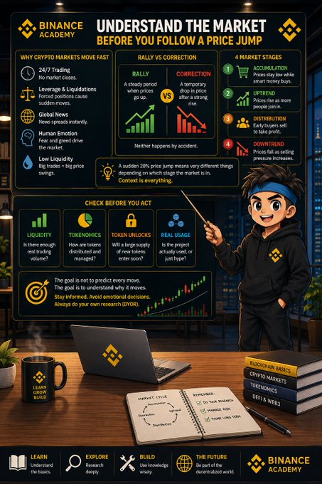 The image is an infographic from Binance Academy titled "Understand the Market Before You Follow a Price Jump," featuring a cartoon character pointing at educational sections on crypto market dynamics including 24/7 trading, leverage risks, rallies vs. corrections, market stages (accumulation, uptrend, distribution, downtrend), and key factors like liquidity, tokenomics, token unlocks, and real usage to check before acting, with accompanying study materials like "Blockchain Basics" and "Crypto Markets" books and a "Market Cycle" notebook.