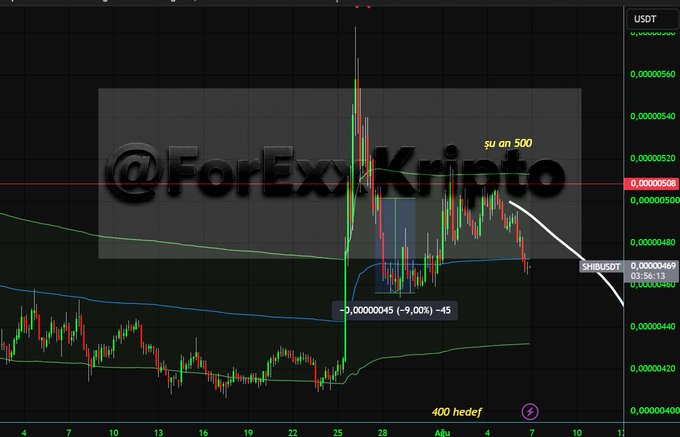 A cryptocurrency chart of SHIB/USDT showing a significant price spike with annotations in Turkish: 'Şu an 500' (currently 500), '400 hedef' (400 target), and a loss indicator showing '-0,0000045 (-9,00%) -45', watermarked '@ForExxKripto'.