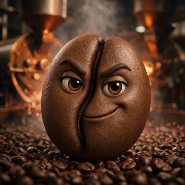 A 3D rendered anthropomorphic coffee bean with expressive eyes and a smirk sits on a bed of coffee beans, with steam rising behind it.