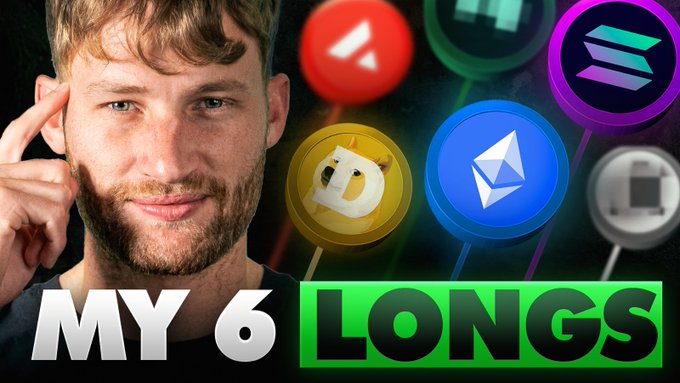 The image shows a YouTube thumbnail featuring a man with his finger to his temple, alongside cryptocurrency logos including Avalanche (AVAX), Dogecoin (DOGE), Ethereum (ETH), and Solana (SOL), with bold text reading "MY 6 LONGS." It relates to the post by visually teasing a crypto-focused livestream where the creator likely shares his top long-position altcoin picks.