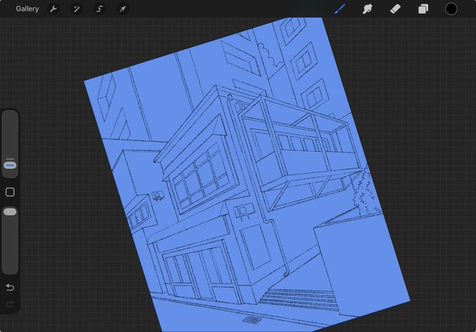 A digital drawing app interface (appears to be Procreate) showing a sketch in progress of a multi-story house with an angular modern design, featuring large windows and a sloped roof, rendered in light blue linework on a dark grid canvas with the canvas rotated at an angle.