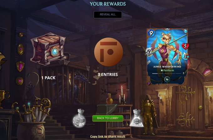 A video game rewards screen displaying "YOUR REWARDS" with options for "1 PACK" and "3 ENTRIES", showing a card for the character "Aimee Whisperwind".