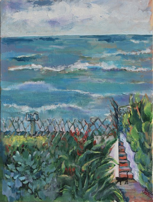 An impressionistic oil painting of an ocean view with rolling waves, featuring a wooden lattice fence, lush green foliage with red flowers in the foreground, and a path with steps leading toward the sea.