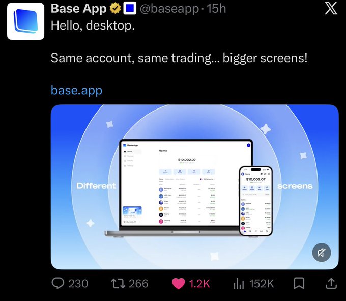The image is a tweet from @baseapp announcing desktop availability, featuring a promotional graphic with the text "Different screens" and showing the Base App interface displayed on both a laptop and smartphone, displaying a balance of $10,002.07 and token holdings. The tweet has 230 replies, 266 retweets, and 1.2K likes.