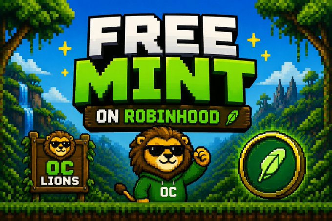 Pixel art promotional graphic reading 'FREE MINT ON ROBINHOOD' featuring a lion mascot wearing sunglasses and a green 'OC' hoodie, alongside an 'OC LIONS' wooden plaque and a green leaf coin emblem.