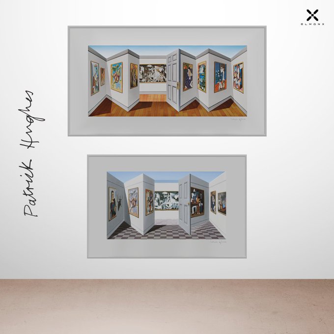 A gallery display featuring two framed works by Patrick Hughes, showcasing his signature optical illusion paintings of rooms with protruding doors and angled walls, branded with the ElmonX logo.