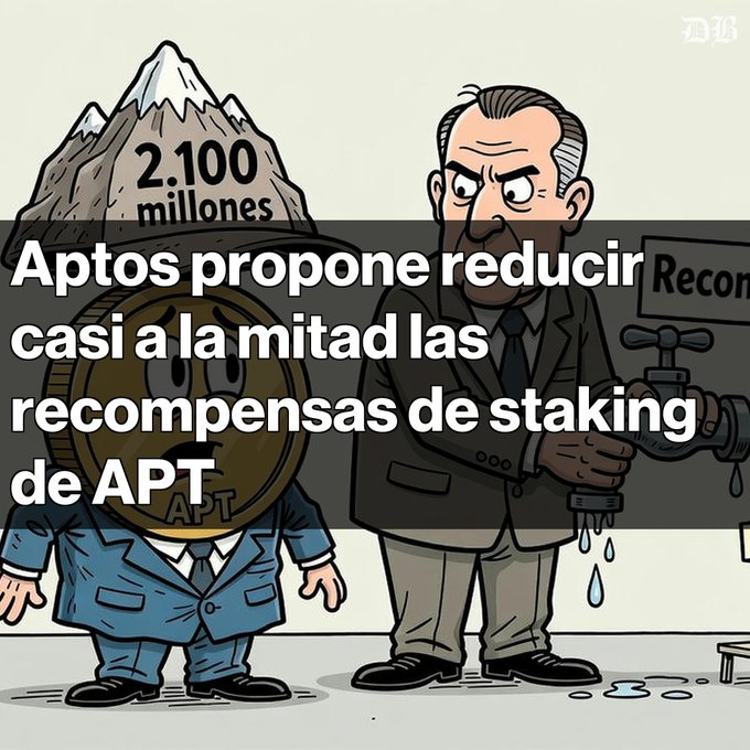 A cartoon illustration of a man turning a faucet off next to an APT coin character, overlaid with Spanish text about Aptos reducing APT staking rewards.
