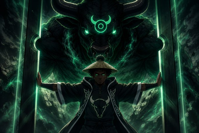 The image depicts a powerful jinchūriki figure standing with arms outstretched in a commanding pose, channeling green chakra energy, while a massive, glowing-eyed Black Bull with horns looms ethereally behind him, symbolizing the sealed tailed beast's awakening. The visual aligns with the post's narrative of the "Black Bull Biju" having awakened and the seal being broken, reinforcing the $Bullchuriki memecoin theme of a unified warrior-beast partnership now charging into battle.