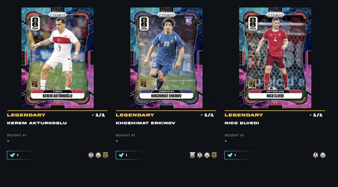 Three 'LEGENDARY' soccer player trading cards from a digital collectible platform featuring Kerem Akturkoglu, Khozzeimat Erkinov, and Nico Elvedi.