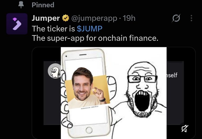 Pinned tweet from Jumper (@jumperapp) introducing the ticker $JUMP as 'The super-app for onchain finance,' featuring an image of a smiling man on a phone and a soyjak-style meme character.