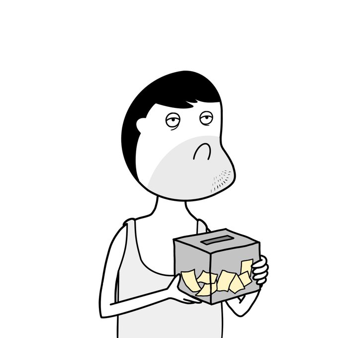 A black-and-white cartoon illustration of a disappointed-looking young man with stubble and dark hair holding a transparent donation box containing only a few yellow paper scraps.