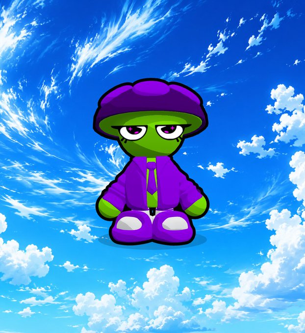 A cartoon character with green skin, a purple hat and outfit sits against a bright blue sky background with white clouds.