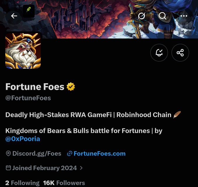 The image displays the Twitter/X profile page of "Fortune Foes" (@FortuneFoes), a verified account with 16K followers that joined in February 2024. The bio describes it as a "Deadly High-Stakes RWA GameFi | Robinhood Chain" project by @0xPooria, featuring bears and bulls battling for fortunes, with links to Discord.gg/Foes and FortuneFoes.com. This profile aligns with the post announcing their launch on Robinhood on September 7th, with a 6,000 sale supply and 3,000 player reward reserve through a public gamified auction.