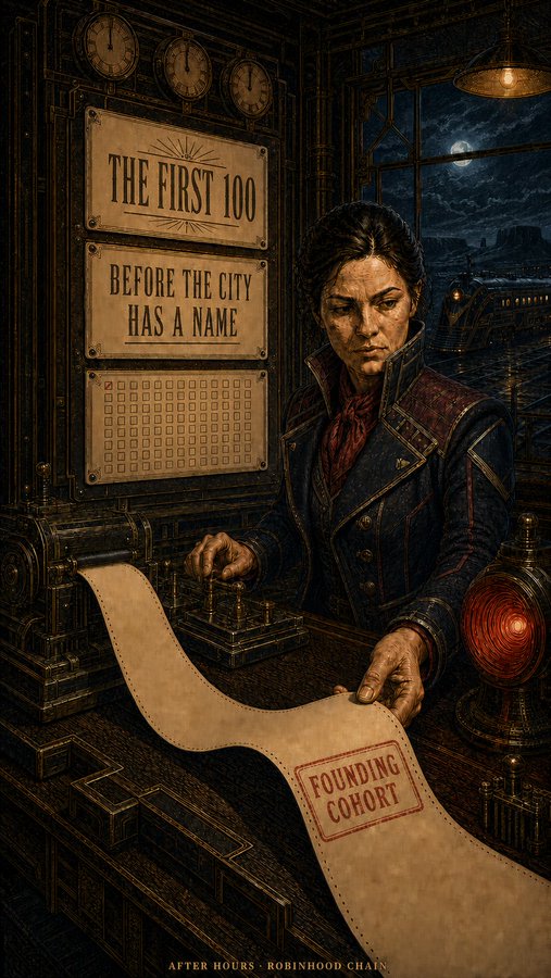A detailed illustration featuring a woman operating machinery and examining a scroll stamped 'FOUNDING COHORT', with signs reading 'THE FIRST 100' and 'BEFORE THE CITY HAS A NAME', captioned 'AFTER HOURS - ROBINHOOD CHAIN' at the bottom.
