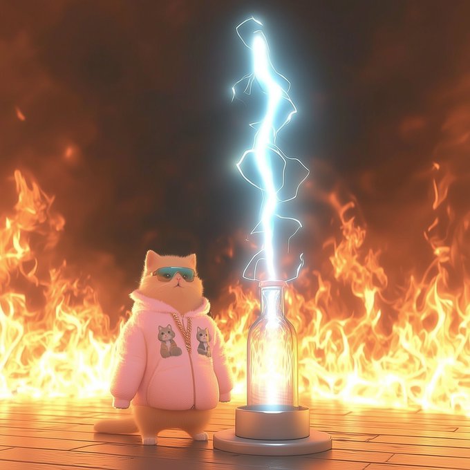 An AI-generated image of a cat wearing sunglasses and a pink hoodie with cat designs, standing next to a bottle containing an electric lightning bolt, surrounded by flames.