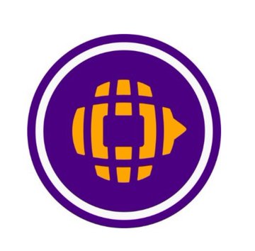 A purple and orange logo featuring a stylized globe/grid design with an arrow element, resembling a sports or esports team emblem.