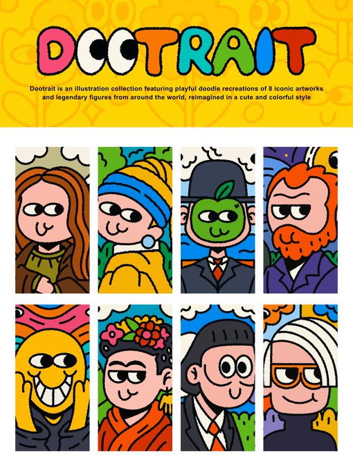 A 'DOOTRAIT' illustration collection featuring playful doodle-style recreations of iconic artworks and figures, including recognizable reinterpretations of the Mona Lisa and Van Gogh.