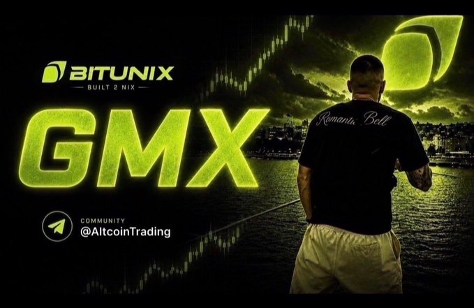 A promotional banner for 'BITUNIX' featuring a large green 'GMX' logo, 'BUILT 2 NIX' text, and a man fishing by a waterfront city skyline at night, with 'COMMUNITY @AltcoinTrading' in the corner.