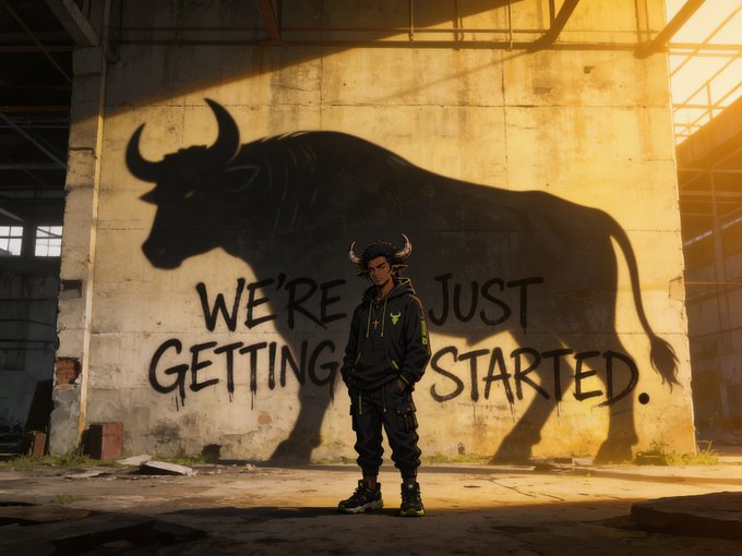 A young man in a dark tracksuit with horn-like hair accessories stands in an abandoned industrial space in front of a large black bull mural and graffiti that reads 'WE'RE JUST GETTING STARTED.'