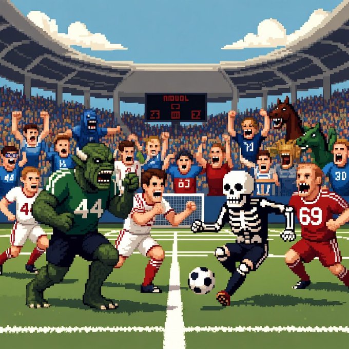 A pixel art scene shows a chaotic soccer match in a stadium, featuring a green monster wearing jersey #44, a skeleton player, and human players in white (#4), blue (#63, #30), and red (#69) jerseys competing for a soccer ball, with a scoreboard reading "23 - 02" and an excited crowd in the background—matching the playful, surreal "Gm pixel friends" vibe.