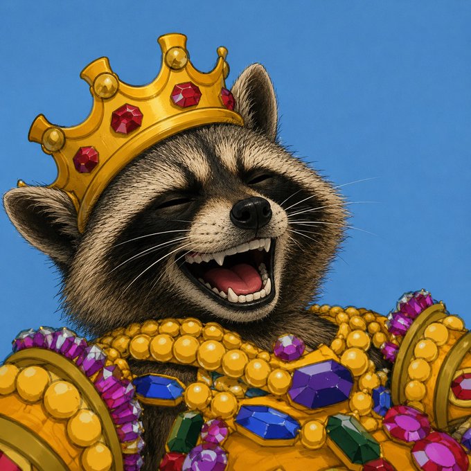 An illustration of a smiling raccoon wearing a gold crown adorned with red jewels and draped in elaborate gold chains set with colorful gemstones against a solid blue background.