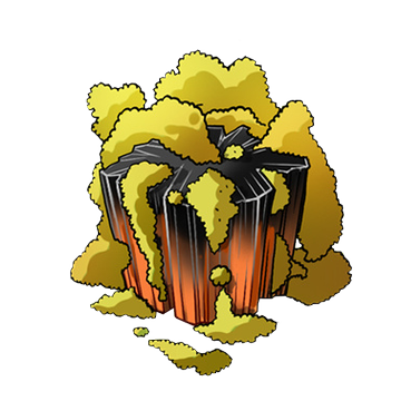 The image features a 3D rendering of a rock formation with a black base, surrounded by yellow and orange moss. The rock has a hole in its center, which appears to be emitting smoke or steam. The background is white, providing contrast for the colorful rock formation. The caption at the bottom of the image reads: "What an @OthersideMeta mossmoon ore resource could look like in 3D. Building in the era of AI is insannnneeeee! 1x74!".