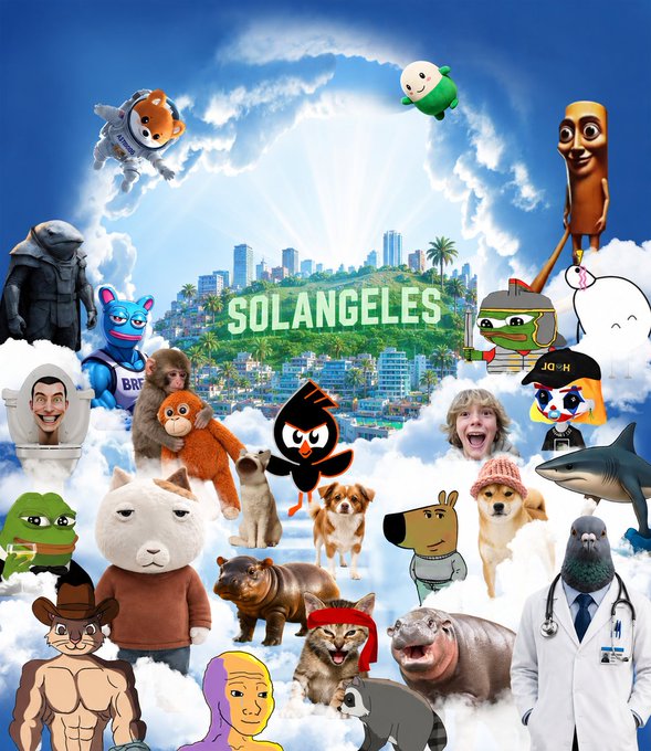 A chaotic digital collage featuring various internet meme characters, animals, and people arranged around a depiction of the city of 'SOLANGELES'.