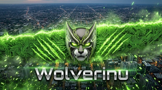 A digital artwork titled 'Wolverinu' featuring a wolf face wearing a green and silver mask with claws extending outward, set against a cityscape background with green circuit board patterns.