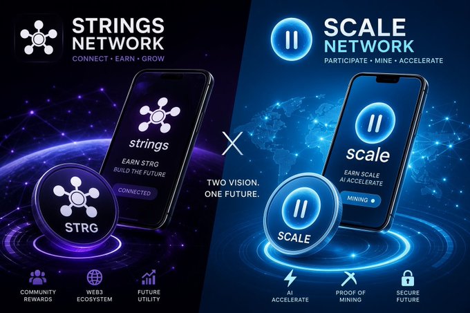 A promotional graphic showcases two Web3 ecosystems side-by-side: Strings Network (STRG) with the tagline "Connect • Earn • Grow" featuring features like community rewards, Web3 ecosystem, and future utility, alongside Scale Network (SCALE) with the tagline "Participate • Mine · Accelerate" highlighting AI acceleration, proof of mining, and a secure future, united by the message "Two Vision, One Future." The image visually represents the post's highlight of Scale Network as an emerging AI-powered decentralized computing ecosystem with early access, AI infrastructure, SCALE mining, and Proof of Intelligence.