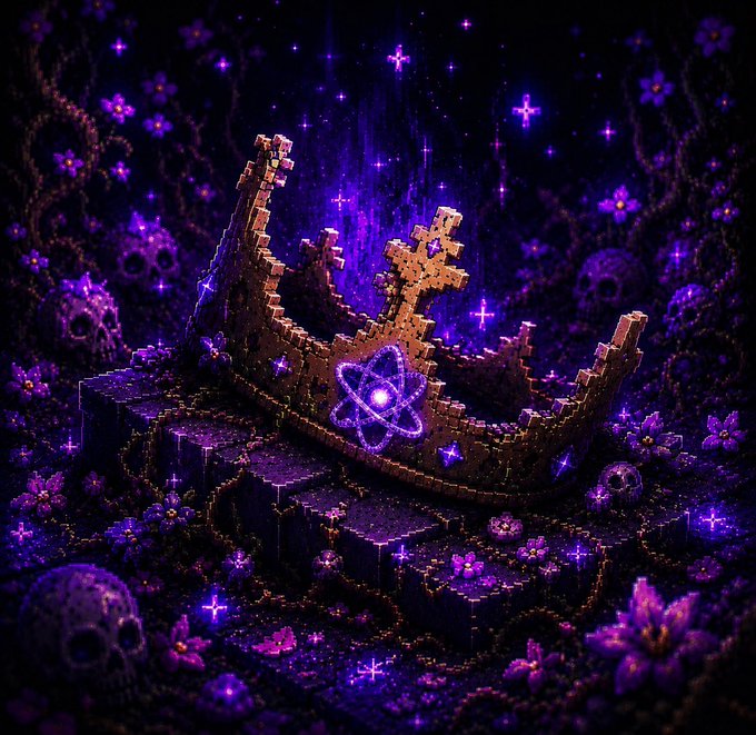 The image features a digital art piece with a purple background, featuring an old, broken crown surrounded by various elements such as flowers, skulls, and stars. The crown appears to be made of metal or stone, giving it a unique and intriguing appearance. The text in the image reads "When the crash is over and the pretenders are gone there can be only one king in crypto @MetallicusTDBN @MetalBlockchain @XPRNetwork @LOAN_Protocol @MarshallHayner I believe this could belong to you very soon let's go people keep stacking keep staking keep earning". The combination of elements and the overall design create a sense of mystery, as if the viewer is left with questions about what lies beneath the surface.