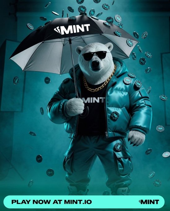 A cool polar bear mascot wearing sunglasses and a teal puffer jacket holds a black-and-white "MINT" umbrella while branded MNT coins rain down around him, with a call-to-action banner at the bottom reading "PLAY NOW AT MINT.IO" — visually promoting the $MINT/$MNTD ecosystem and its MintABear NFT identity referenced in the post.