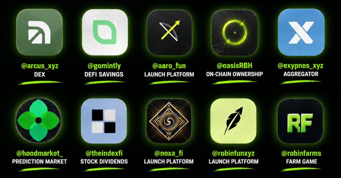 A graphic displaying 10 crypto/Web3 project icons with handles and categories: @arcus_xyz (DEX), @gomintly (DeFi Savings), @aaro_fun (Launch Platform), @oasisRBH (On-Chain Ownership), @exypnos_xyz (Aggregator), @hoodmarket_ (Prediction Market), @theindexfi (Stock Dividends), @noxa_fi (Launch Platform), @robinfunxyz (Launch Platform), and @robinfarms (Farm Game).
