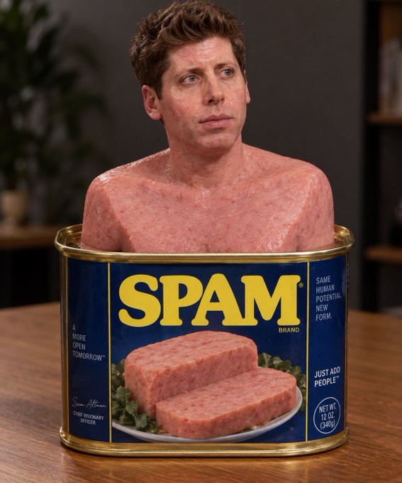 An AI-generated image showing a man's head and shoulders emerging from a blue can of 'SPAM BRAND' meat product, featuring the text 'SAME HUMAN POTENTIAL, NEW FORM.' and 'JUST ADD PEOPLE.'
