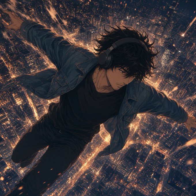 An anime-style illustration of a dark-haired young man wearing headphones, a black shirt, and an open denim jacket, appearing to float or fall above a sprawling nighttime cityscape filled with glowing lights.