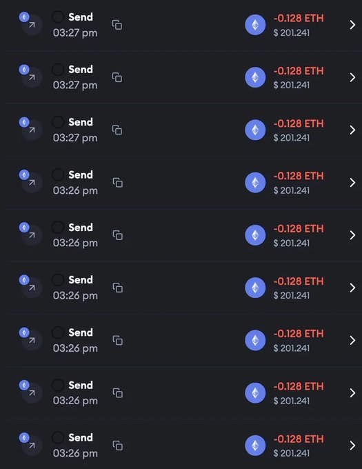 A screenshot displays a cryptocurrency wallet transaction history, showing multiple "Send" transactions of "-0.128 ETH" ($201.241) all occurring around 03:26-03:27 pm.