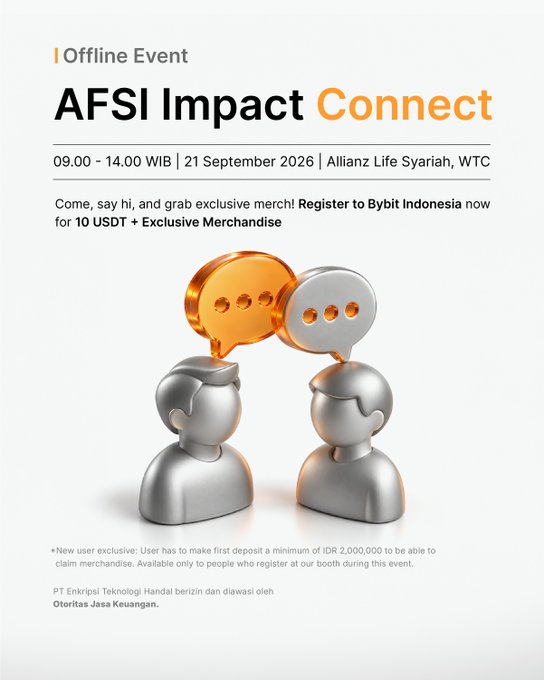 Promotional poster for 'AFSI Impact Connect' Offline Event on 21 September 2026 at Allianz Life Syariah, WTC, advertising 10 USDT plus exclusive merchandise for Bybit Indonesia registration.