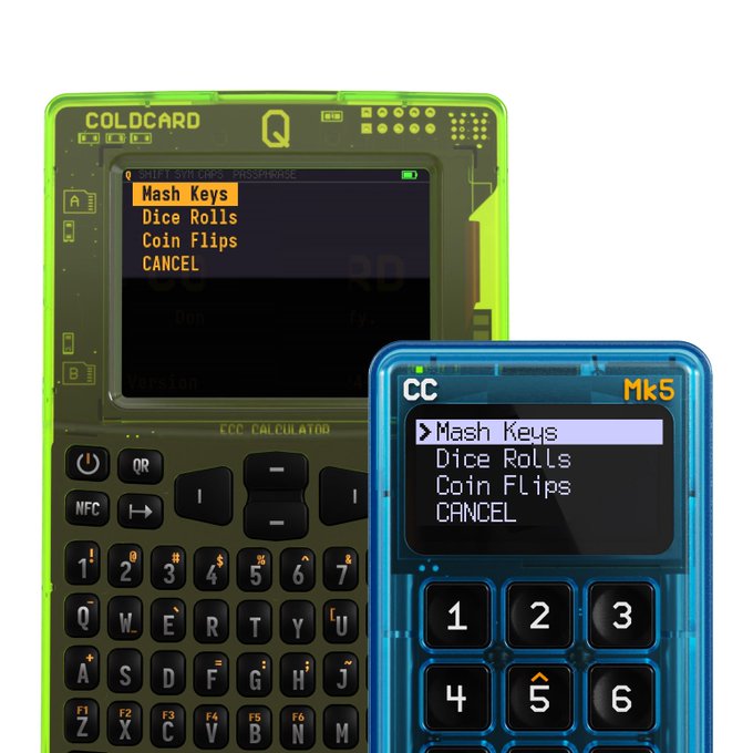 Two Coldcard hardware wallets (a green "Q" model and a blue "Mk5") display their settings menus offering options like "Mash Keys," "Dice Rolls," and "Coin Flips," illustrating the satirical contrast in the post between Coldcard's feature-rich security tools and its alleged failure to support BTC holders who lost funds.