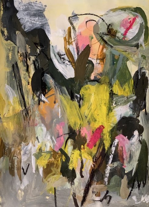An abstract expressionist painting featuring bold brushstrokes in yellow, green, pink, black, and gray, with drips and layered textures.